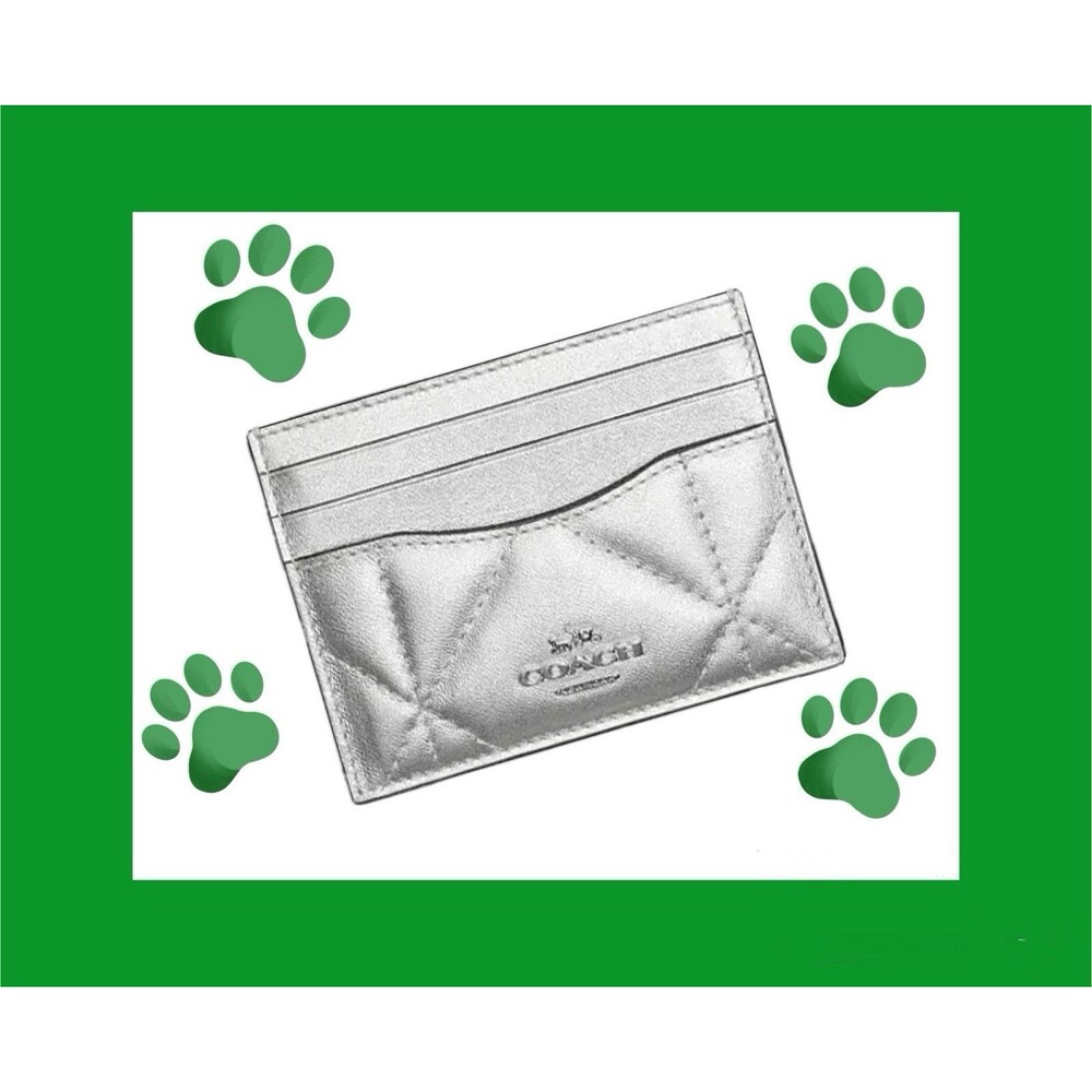 COACH Slim Id Card Case Wallet In Silver Metallic W/ Puffy Diamond Quilting NEW